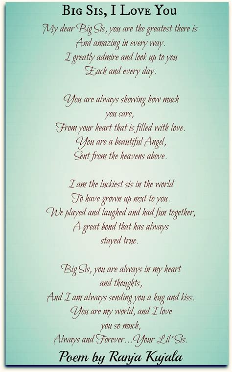 And that being yourself is a lot more fun than playing pretend. Big Sis, I Love You-Ranja Kujala | Poetry For All Seasons ...