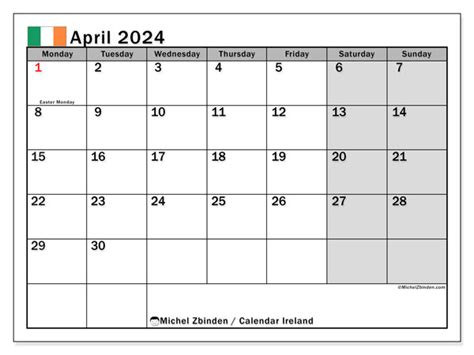 Calendar April 2024 - Ireland - Michel Zbinden IE