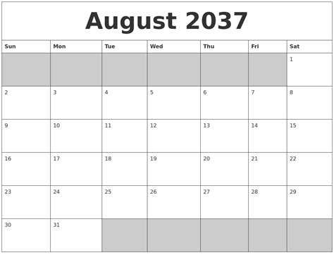 August 2037 Blank Printable Calendar