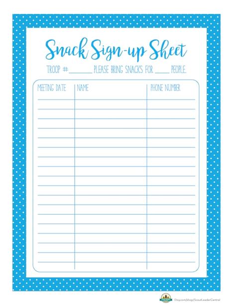Instant Download Snack Sign Up Sheet In Bright Blue