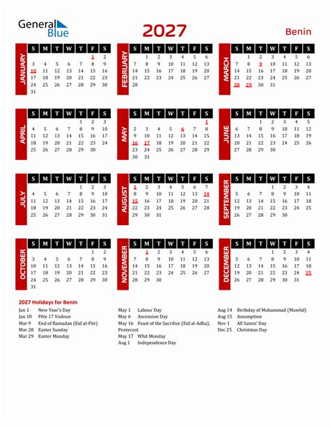 Benin 2027 Yearly Calendar Downloadable