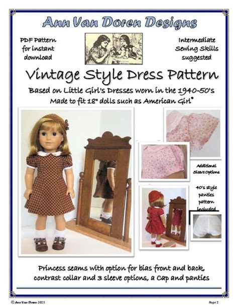 Vintage Style Doll Dress Pattern For 18 Ag Dolls Etsy