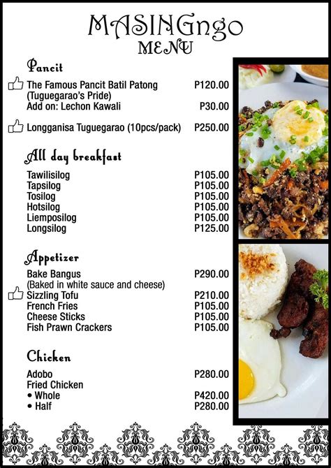 Masingngo Filipino Restaurant Menu Clickthecity Food And Drink Filipino Food Menu Food Menu