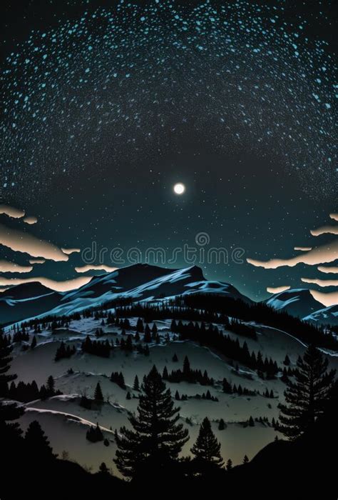 Starry Skies And Full Moon Over Mountains Landscape At Night Created