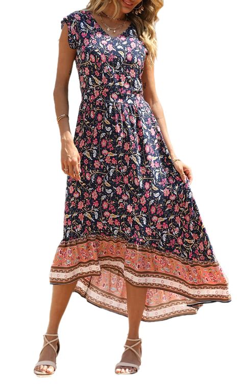 Prettygarden Womens Summer Maxi Dress Casual Floral V Neck Cap Sleeves