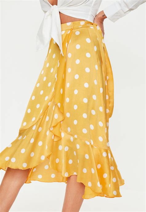 Yellow Polka Dot Wrap Midi Skirt Missguided