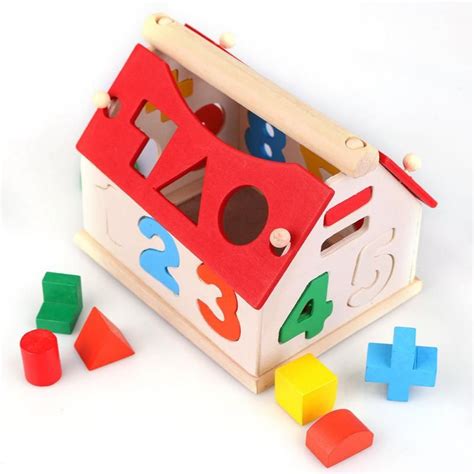 Wooden Building Block Houses Toy Geometry Box Pairing House Digital