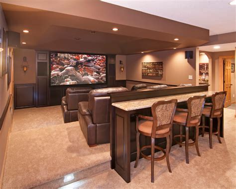 15 Cool Entertaining Room Design Ideas Includes 4 large theater seats with beverage storage, red carpet this modern media room boasts a theater space with sectional sofa seats along with a small bar on the side set on the red velvet carpet flooring.