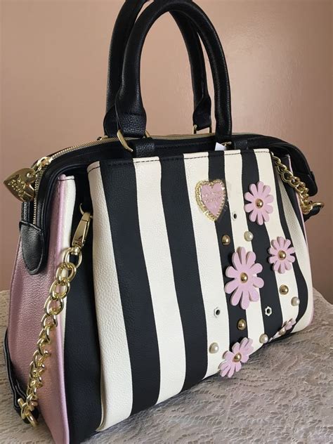 New Betsey Johnson Striped Satchel Handbag Pink Flowers Purse Xmas T Gold Clothing Shoes