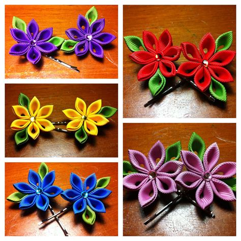 Kanzashi Flowers On Hair Pins Diy Ribbon Flowers Kanzashi Flowers