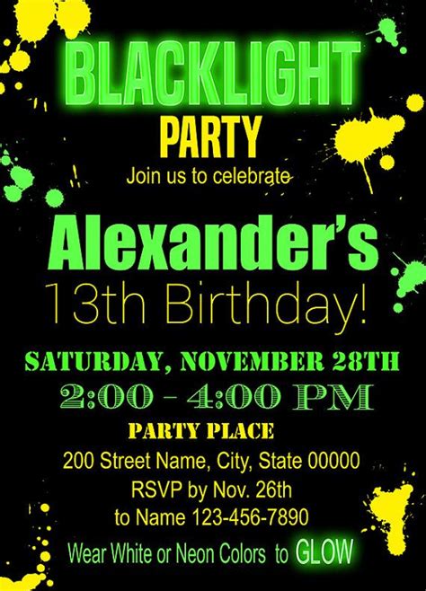Blacklight Party Invitation Neon Party Invite Glow Birthday Invite