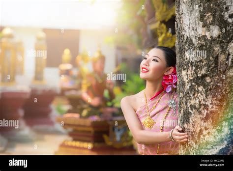 Thai Girl With Northern Style Dress In Waterfall Identity Culture Of