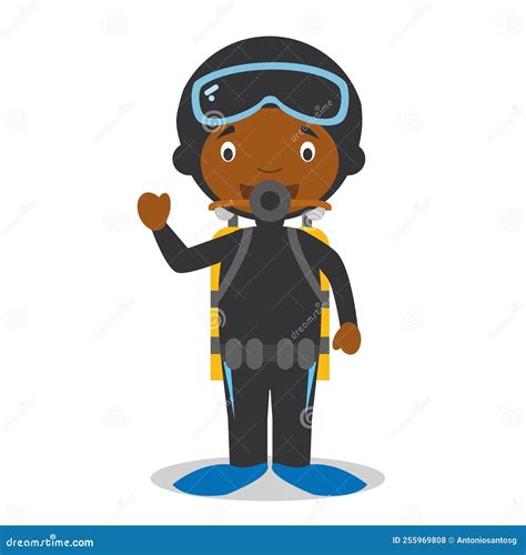 Cute Cartoon Vector Illustration Of A Black Or African American Diver