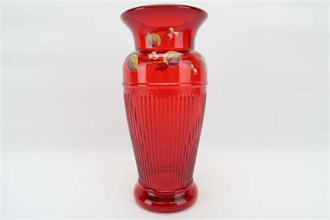 Lot 30 Fenton Hand Painted Ruby Glass Vase Van Metre Auction