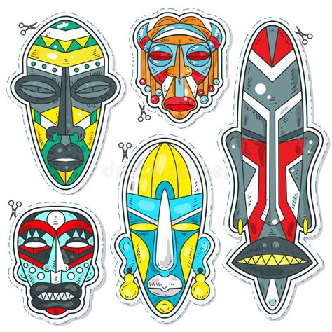 Fije De Máscaras Africanas Tribales Planas Coloreadas En El Fondo Blanco Ilustración Del Vector