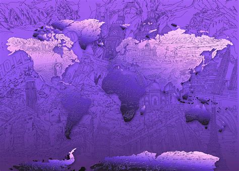 World Map In Purple Painting By Bekim Art