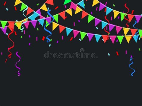 Colorful Party Flags With Confetti And Ribbons Falling Celebrate