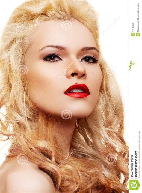 Curly Hairstyle Blonde With Shiny Hair Make Up Stock