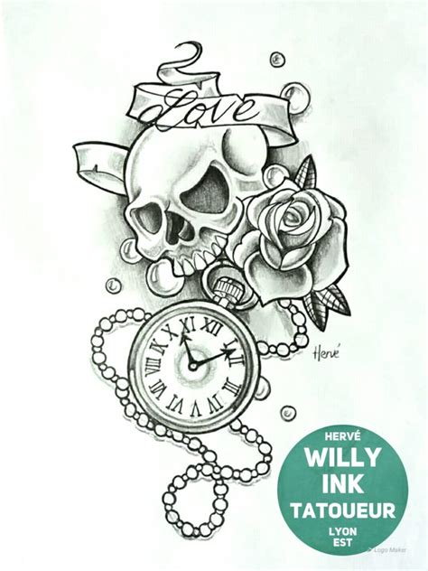Un dessin de plus en plus tendance et prisé pour son style ne passant pas inaperçu. Tête de mort avec une rose et horloge Willy Ink Tatoueur à ...