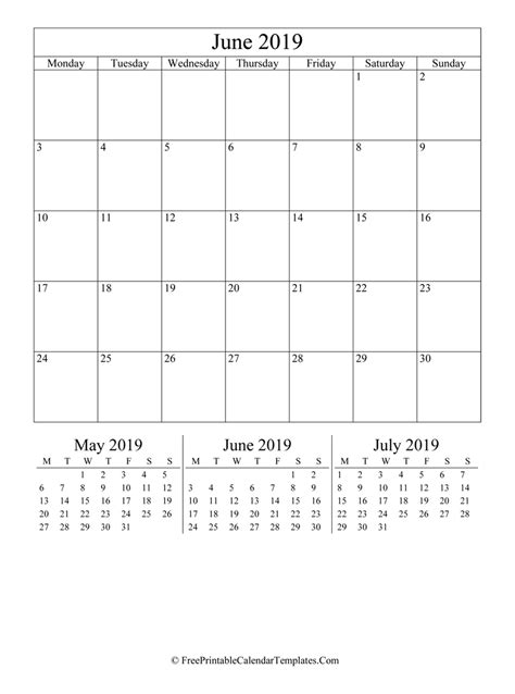 2019 June Calendar Printable Vertical
