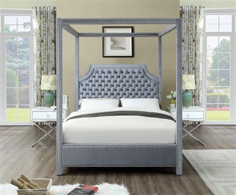 Grey Velvet Queen Canopy Bed Contemporary Meridian ...