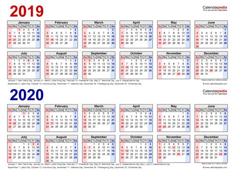 2019 2020 Two Year Calendar Free Printable Word Templates