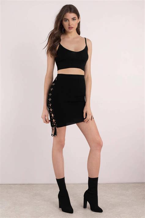 Tobi Two Piece Outfits Womens Ruthless Black Lace Up Bodycon Set