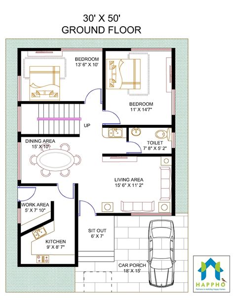 Floor Plan For 30 X 50 Feet Plot 4 Bhk1500 Square Feet166 Sq Yards