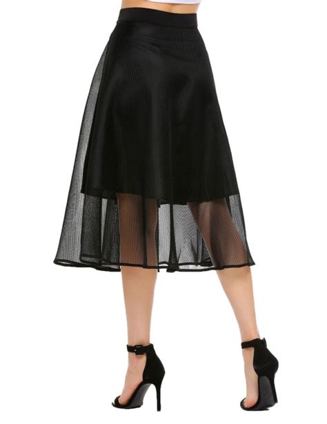 Cheap Solid High Waist Mesh A Line Skirts Online
