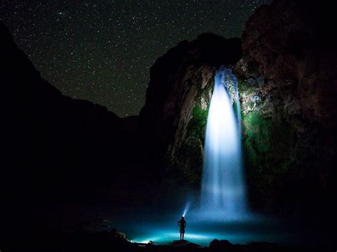 Picture Of Havasu Falls In Arizona At Night Illuminated By A Headlamp