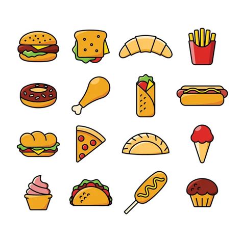 Set Of Vector Cartoon Doodle Icons Junk Food Illustration Of Comic