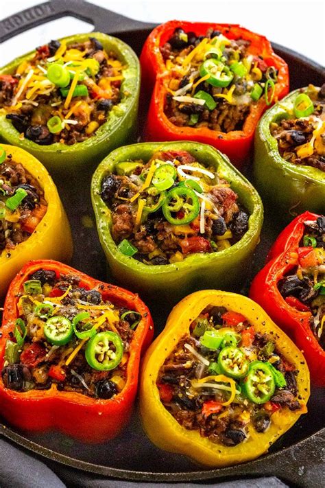 Stuffed bell pepper appetizers stuffed with lean ground beef, spinach and couscous, topped with cheese. Stuffed Peppers | Recipe | Stuffed peppers, Ground beef ...