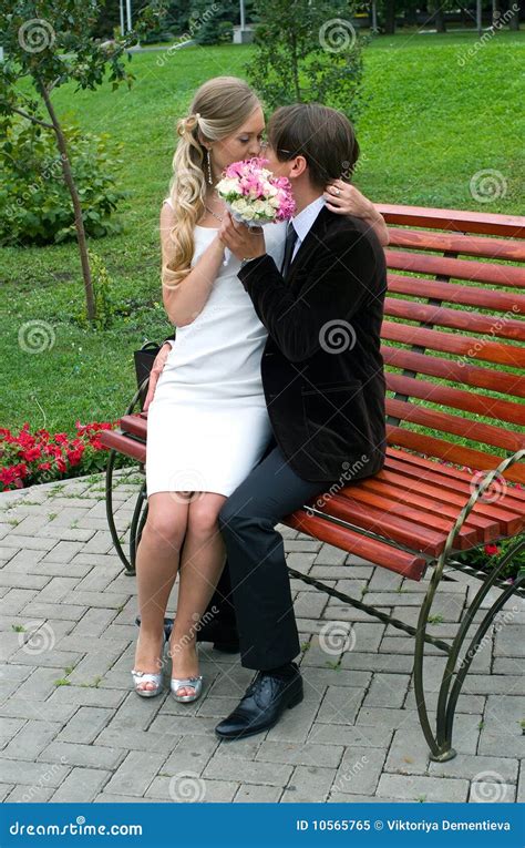 bride and groom sit on the bench stock image image of romantic romance 10565765