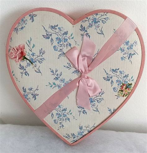 Vintage Gales Valentine Heart Candy Box Pink Blue Flowers Ribbon