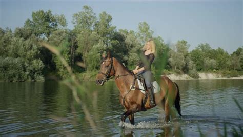 Cheerful Woman Horseback Riding Beautiful Brown Horse Against Water