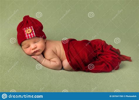 Newborn Baby Boy In Red Hat Stock Photo Image Of Pose Human 207041700
