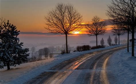Winter Morning Dawn Road Trees Snow Sunrise Hd Wallpapers