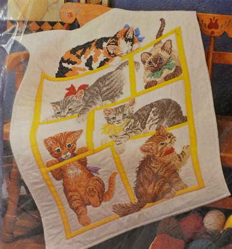 Cat Stamped Cross Stitch Kit Herrschners Lap Quilt Kit