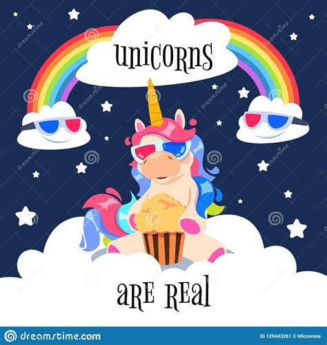 Cute Magical Unicorn With Rainbow Fantasy Pony On Clouds