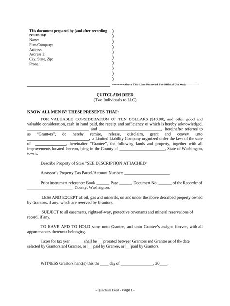 Quitclaim Deed By Two Individuals To Llc Washington Form Fill Out And