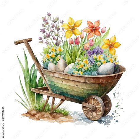 Vintage Spring Wheelbarrow Watercolor Clipart Clipart Png Transparent