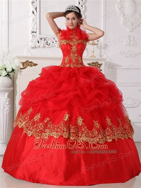 Affordable Red And Gold Quinceanera Dress Halter Taffeta Beading And