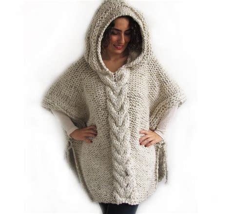 In this section, you can find free poncho knitting patterns. Tweed Beige Hand Knitted Poncho with Hood | Knitted poncho ...