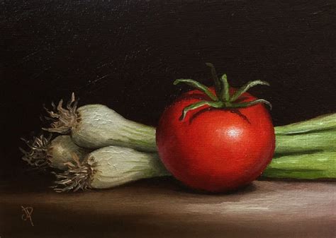 Tomato And Spring Onions Original Oil Painting Still Life