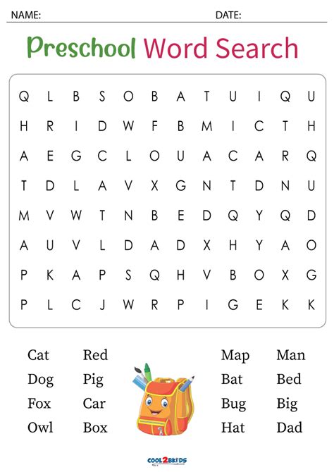 Printable Preschool Word Search Cool2bkids