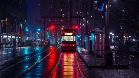 Tram In The Night City 4k Ultrahd Wallpaper Backiee
