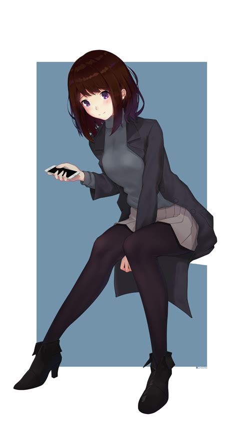 Illustration Anime Anime Girls Short Hair Brunette Cartoon Black Hair Skirt Sweater