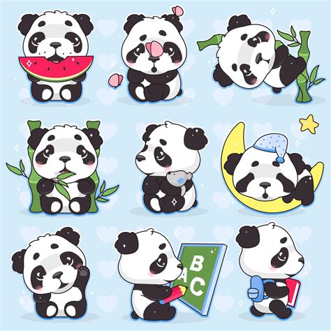 Cute Panda Kawaii Cartoon Vector Characters Set Adorable Happy And