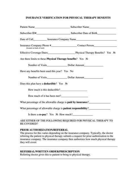 We offer a very reasonable self pay rate and affordable payment plans that will allow you to get started on your sessions without putting a pinch on your wallet. Insurance Verification For Physical Therapy Benefits printable pdf download
