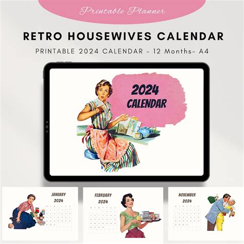 Retro Housewives Printable 2024 Calendar Vintage Wives Planner Digital